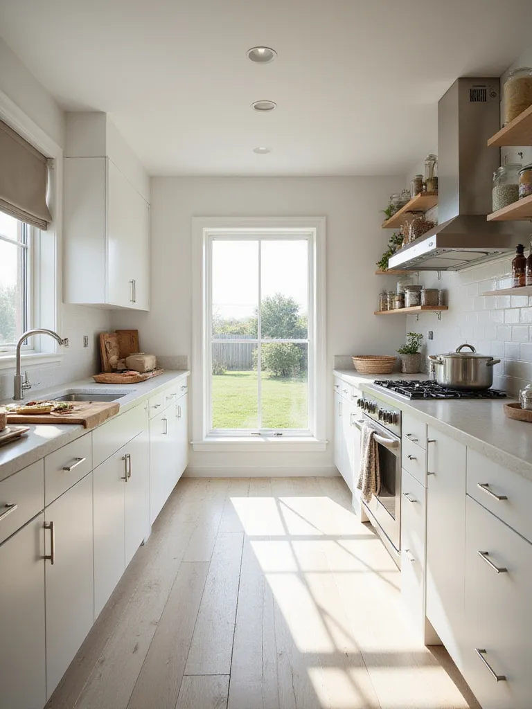 A modern kitchen showcasing different functional zones like prep, cooking, and storage areas to illustrate efficient organization and workflow.