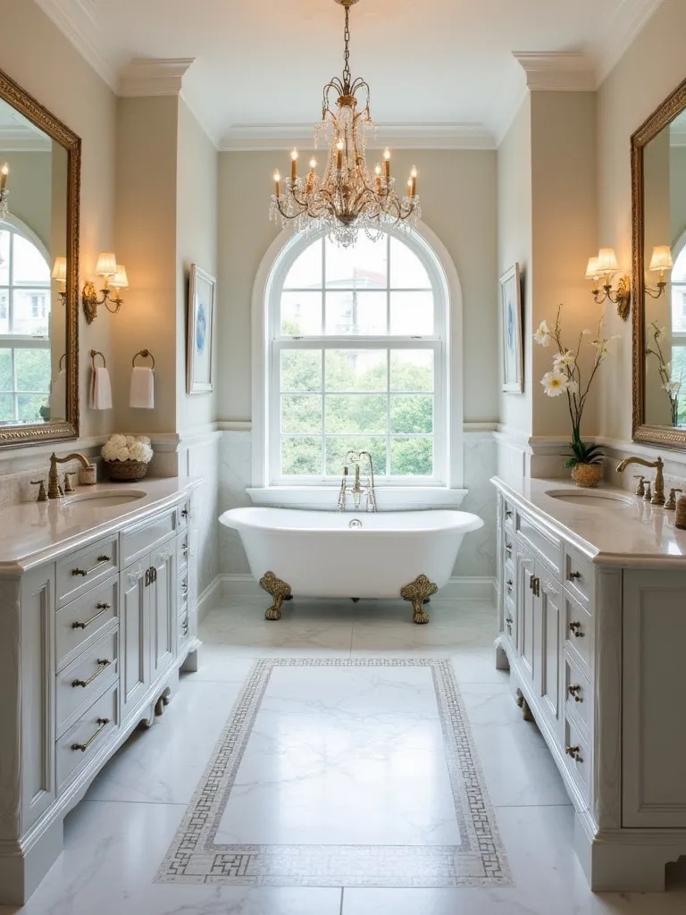 A luxurious traditional bathroom featuring a clawfoot tub, marble countertops, and elegant lighting.