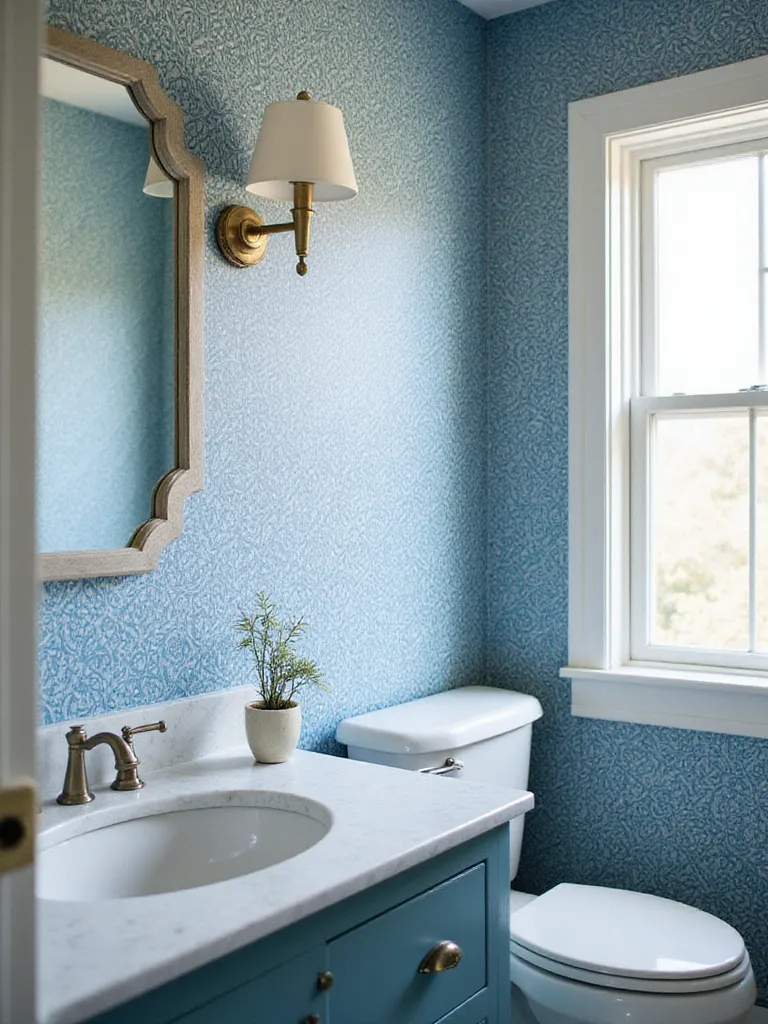 A beautifully decorated bathroom showcasing intricate blue wallpaper with natural lighting.