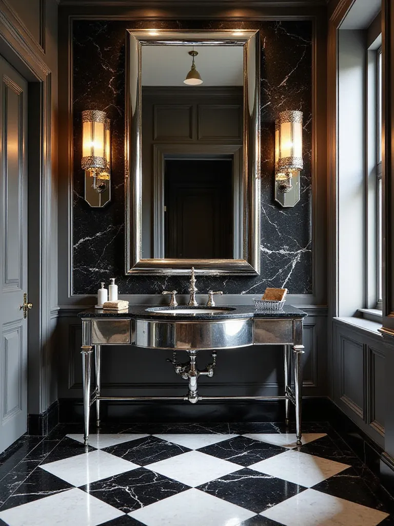 Luxurious Art Deco bathroom with chrome fixtures and marble accents
