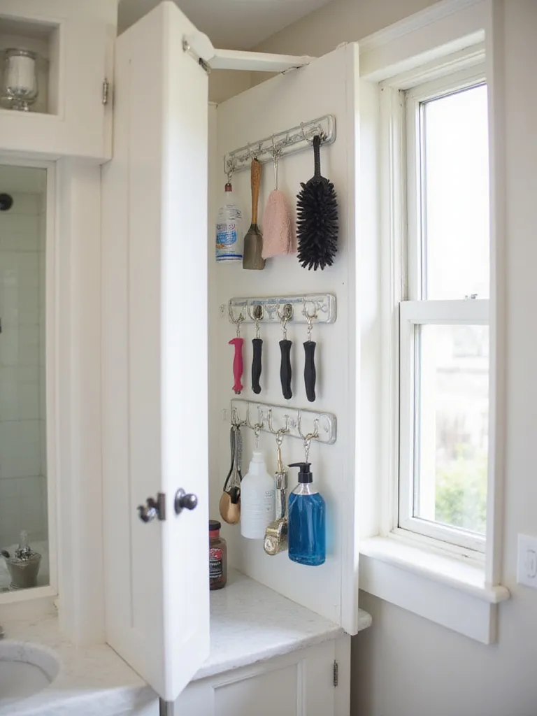 Organized bathroom cabinet with hooks behind the door for small item storage