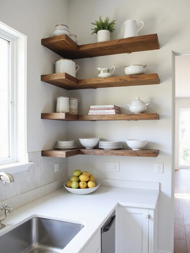 A modern kitchen with open shelving displaying curated dishware and decor, illuminated by natural light.