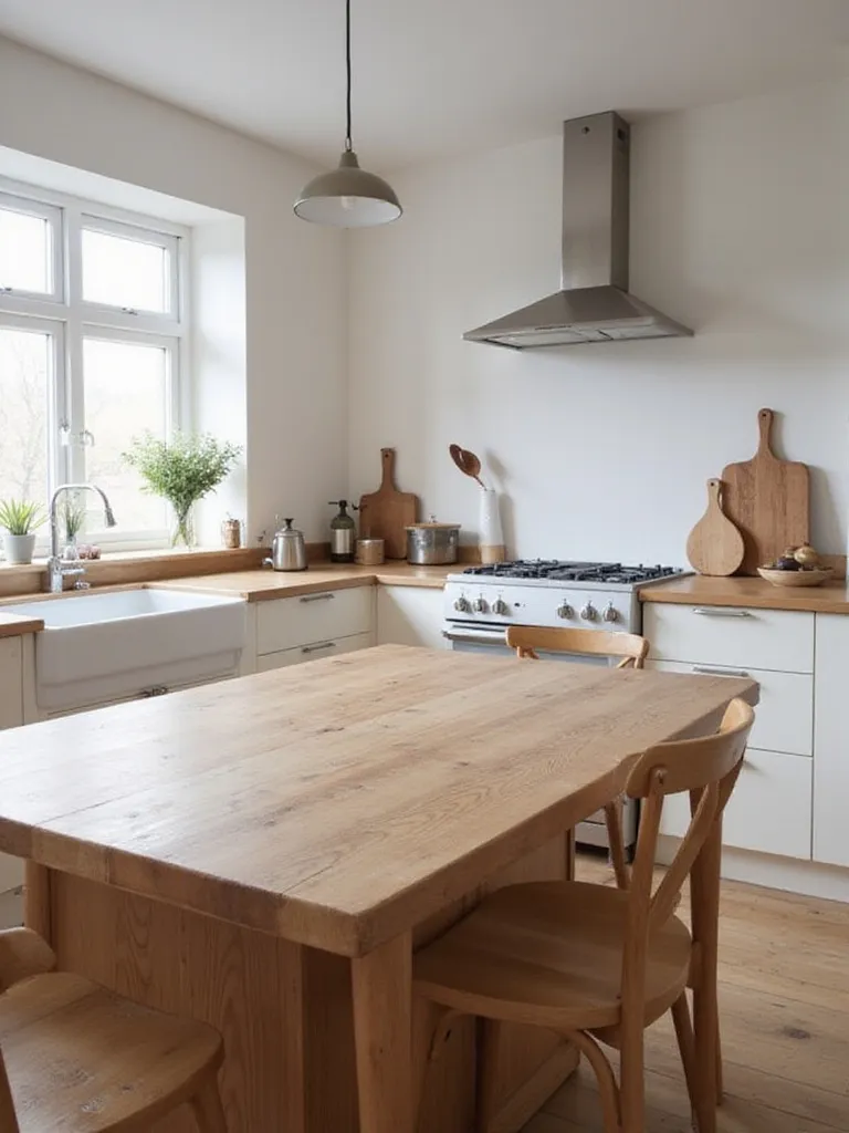 Scandinavian kitchen featuring a butcher block island and wooden accents