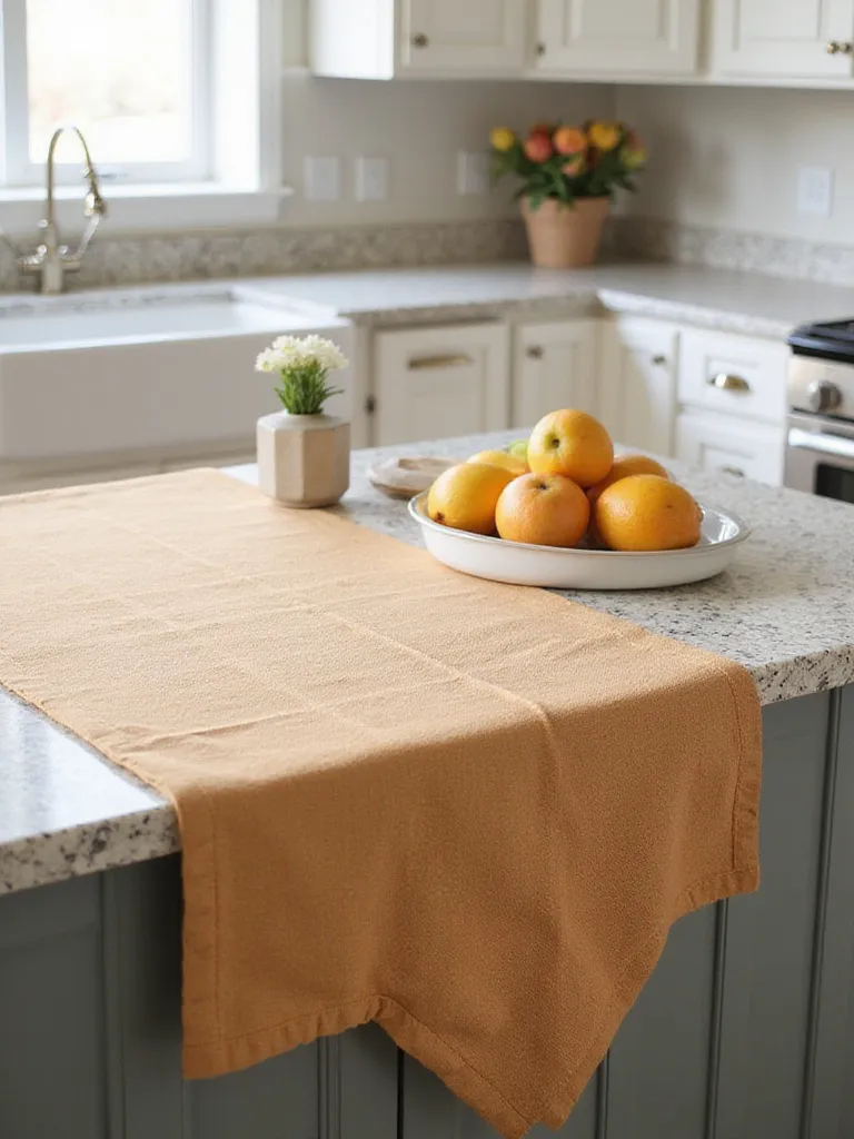 Stylish runner on kitchen island with decorative items