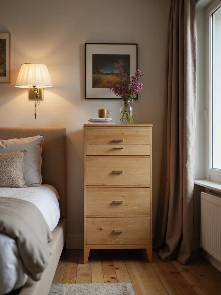 A stylish slim dresser in a cozy apartment bedroom with warm lighting.
