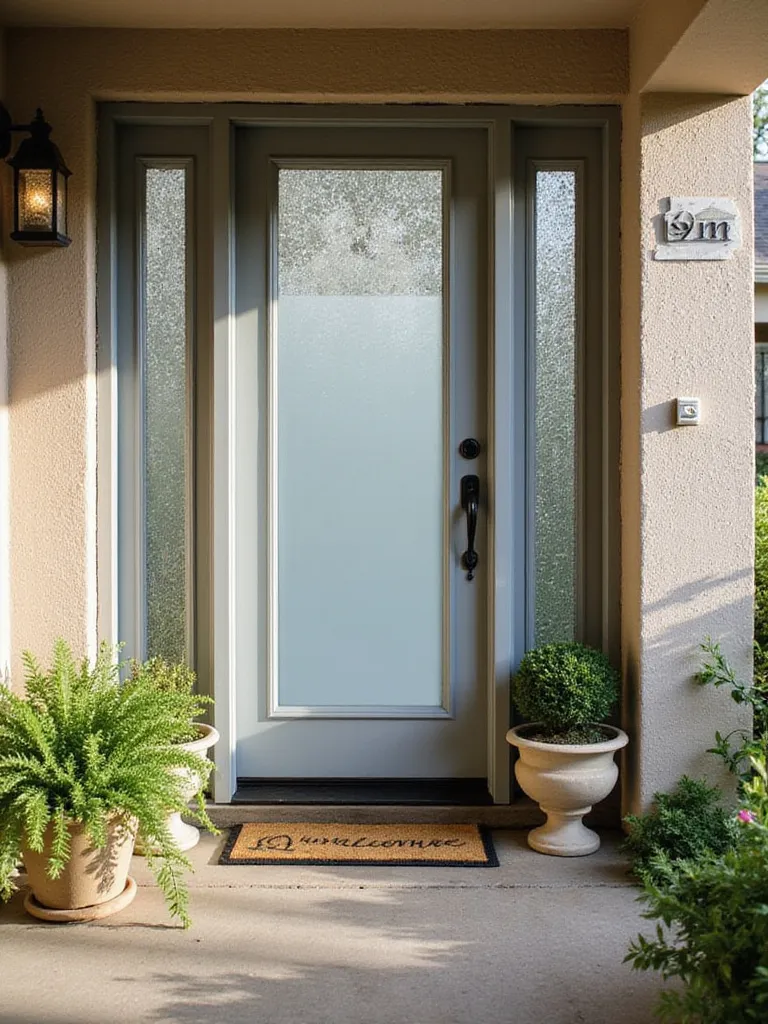 Front door with privacy film and decorative elements enhancing curb appeal
