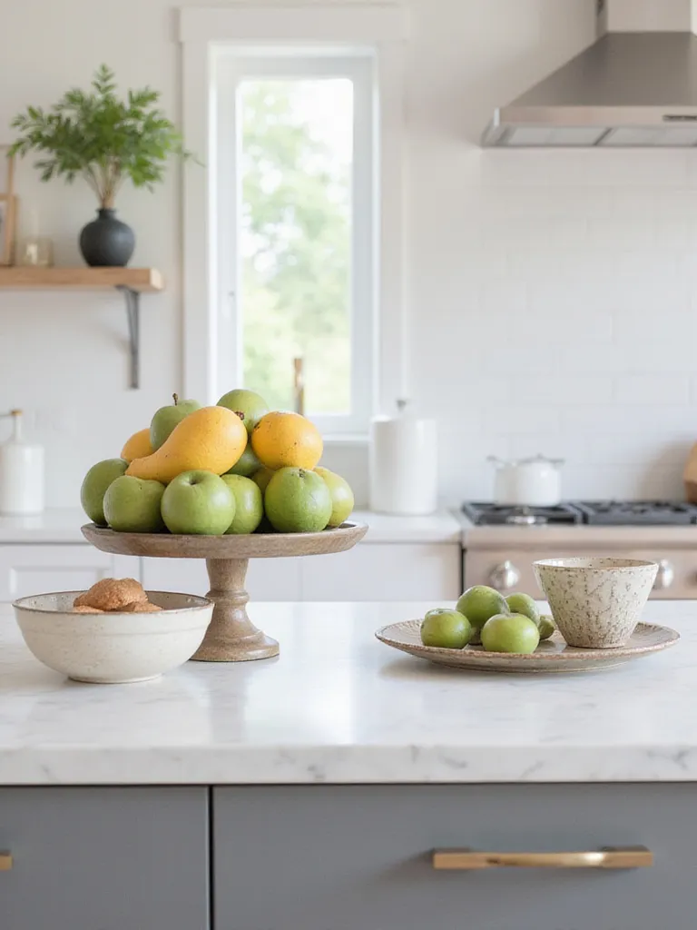 Professional photo of a kitchen island arranged for unobstructed workflow with thoughtful decor.