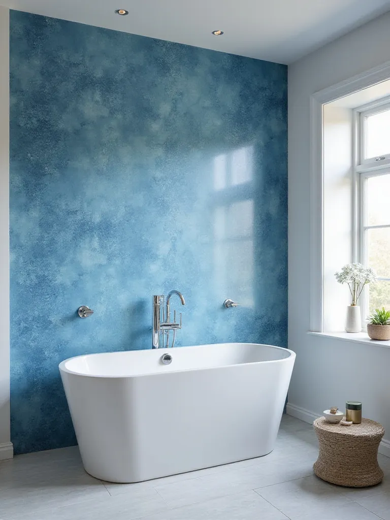 Modern bathroom featuring trending blue wallpaper design behind a freestanding tub.
