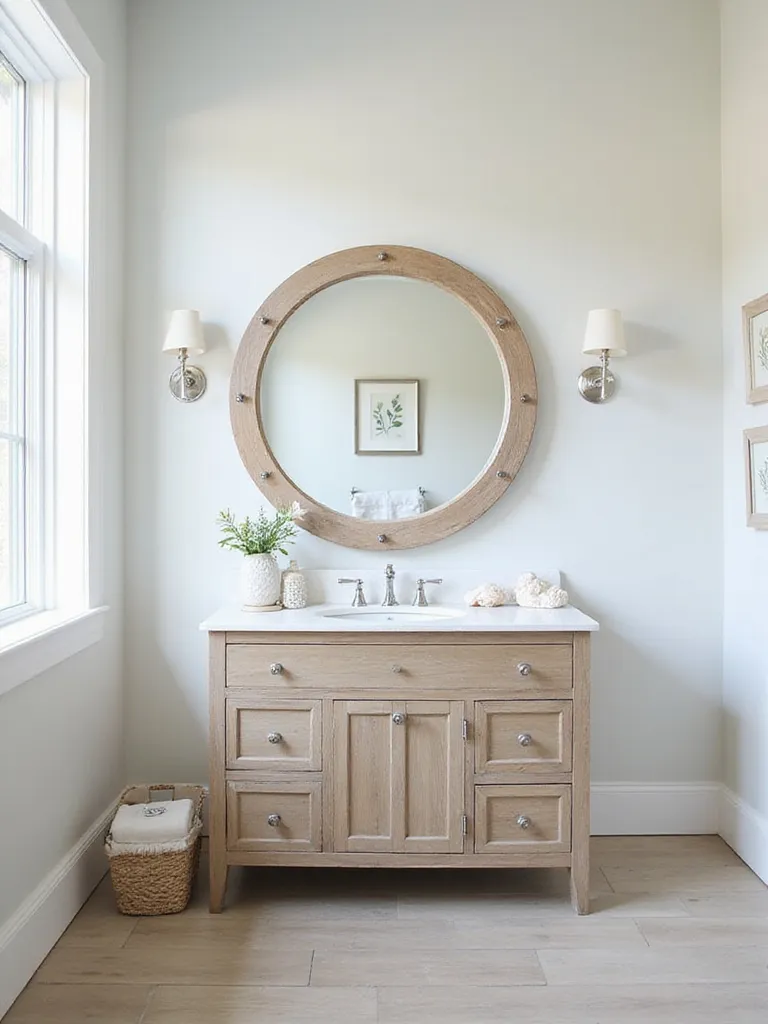 Serene coastal-themed bathroom with natural light and beach-inspired decor