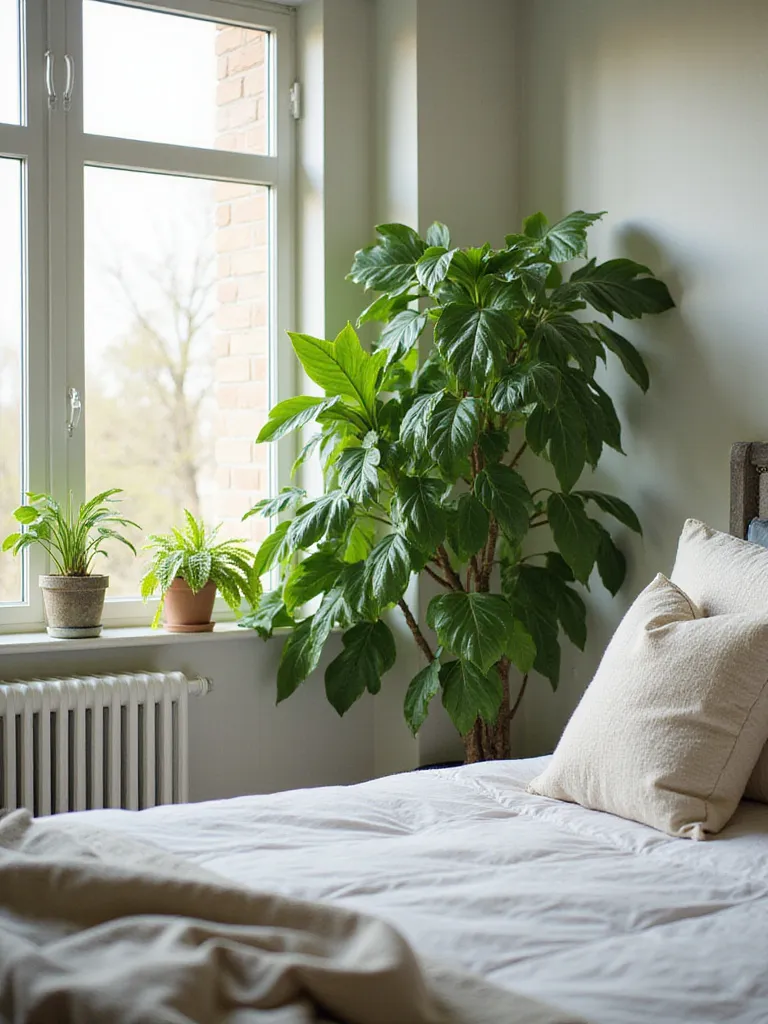 A serene bedroom filled with indoor plants, showcasing a cozy atmosphere.