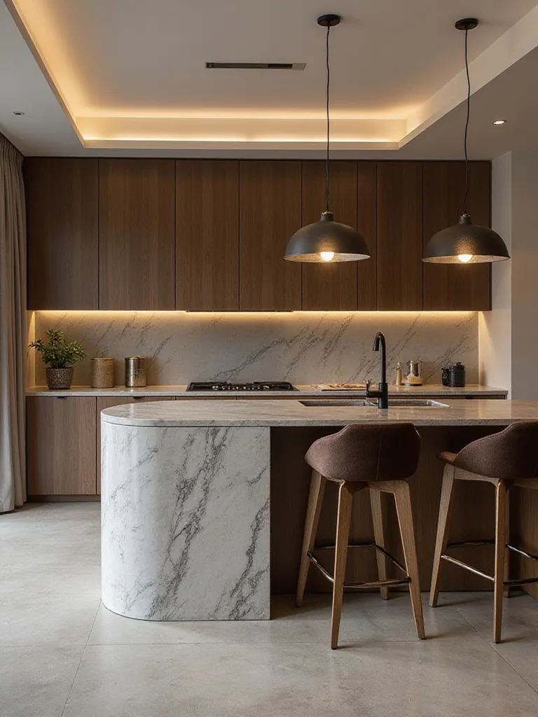 Elegant kitchen interior featuring high-impact furniture like a stylish kitchen island and bar stools.