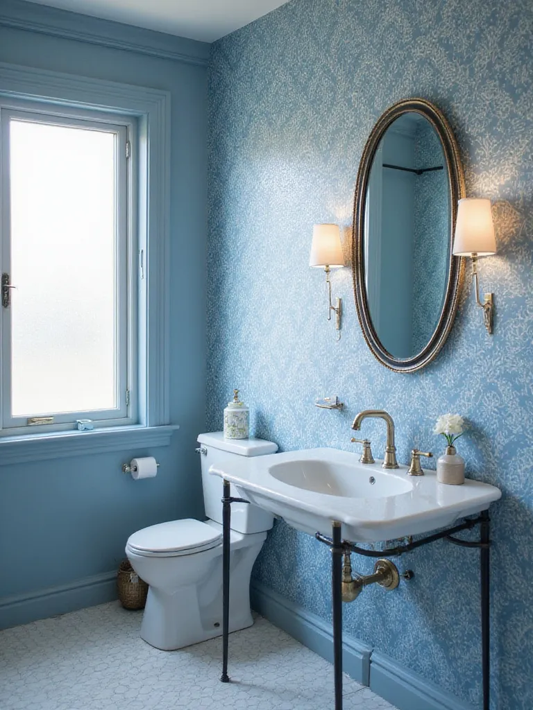 Beautiful blue bathroom wallpaper in a well-lit bathroom setting, showcasing elegant patterns and textures.