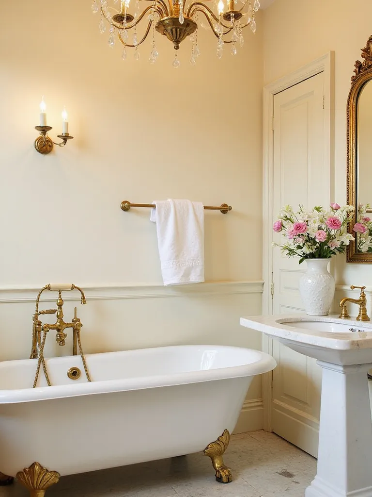 Elegant bathroom featuring clawfoot tub and gilded mirror in Parisian Chic style