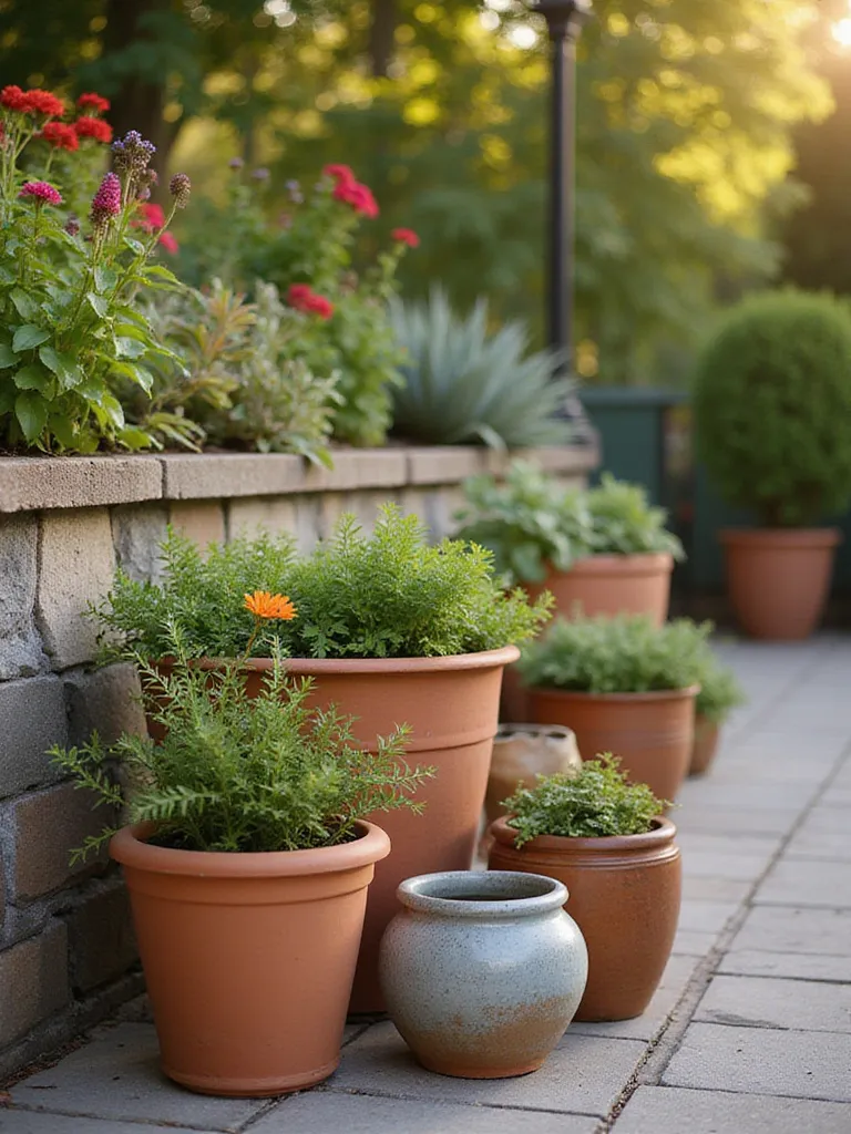 A vibrant patio garden with various decorative containers filled with healthy plants, showcasing a mix of terracotta and glazed ceramic pots.