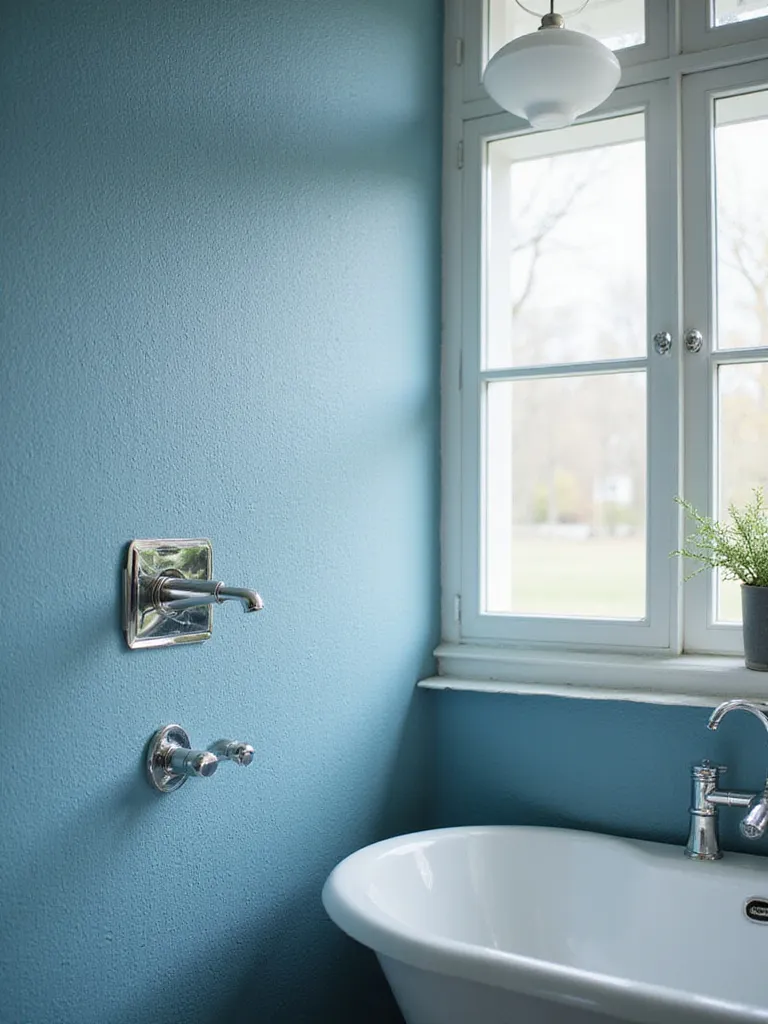 Moisture-resistant wallpaper in a blue bathroom, showcasing its texture and durability.