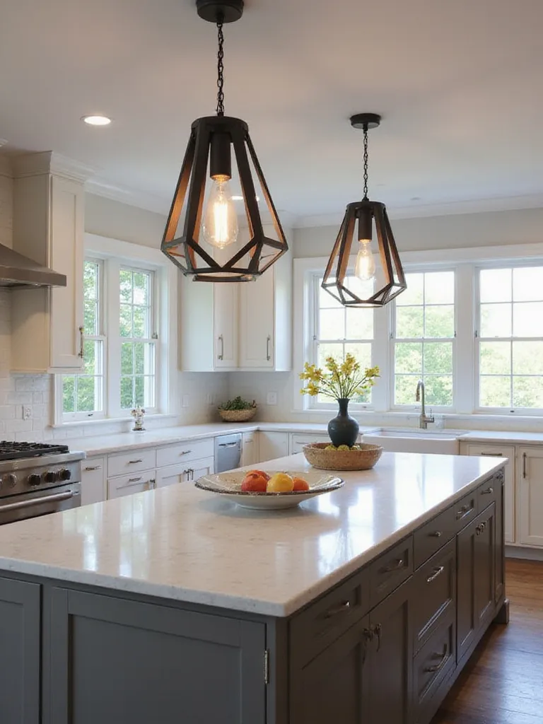 Stylish kitchen island with modern pendant lights