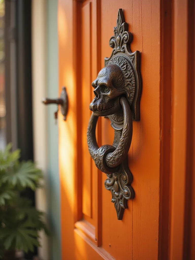 A unique door knocker on a colorful front door