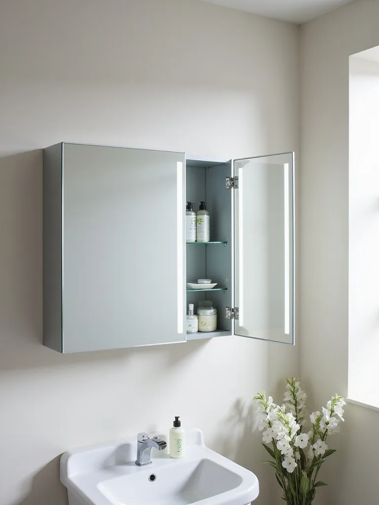Mirrored medicine cabinet in a modern bathroom with LED lighting and organized toiletries