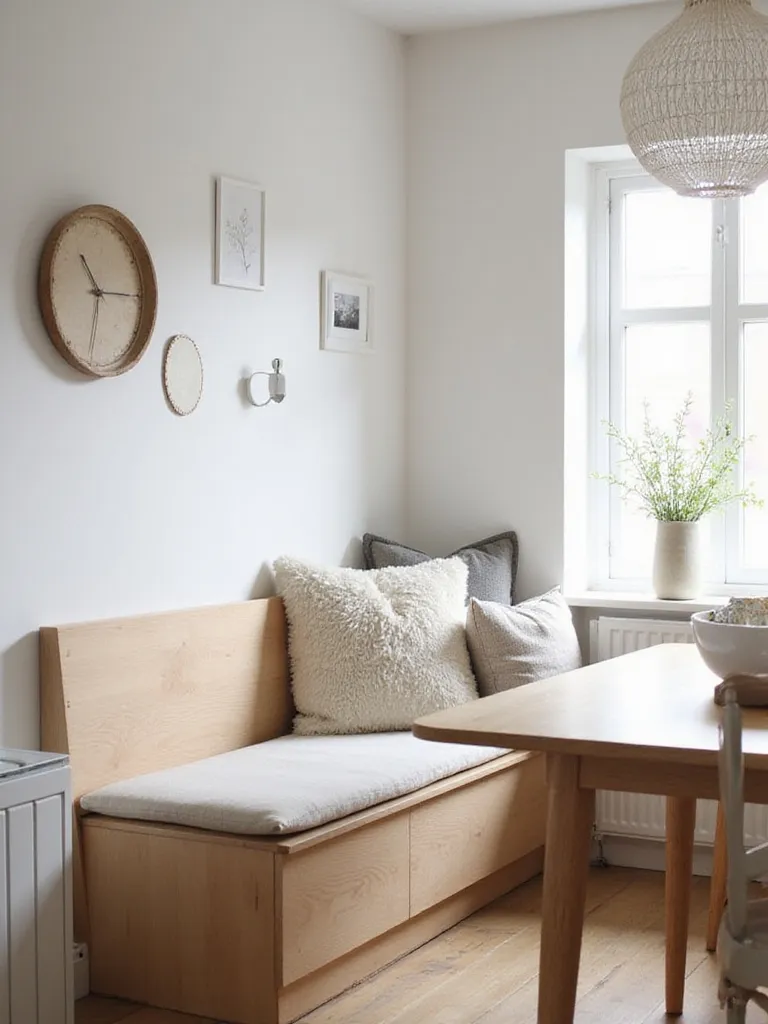 Scandinavian kitchen with built-in bench seating and cozy decor.