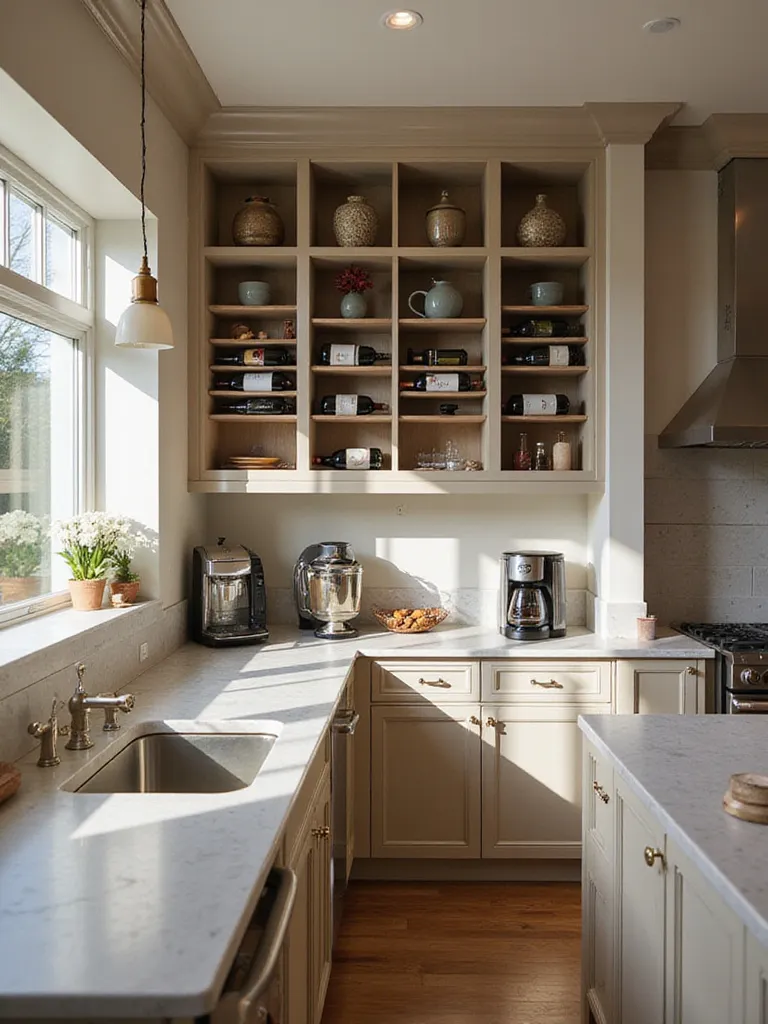 A stylish kitchen featuring a wine rack and coffee station.