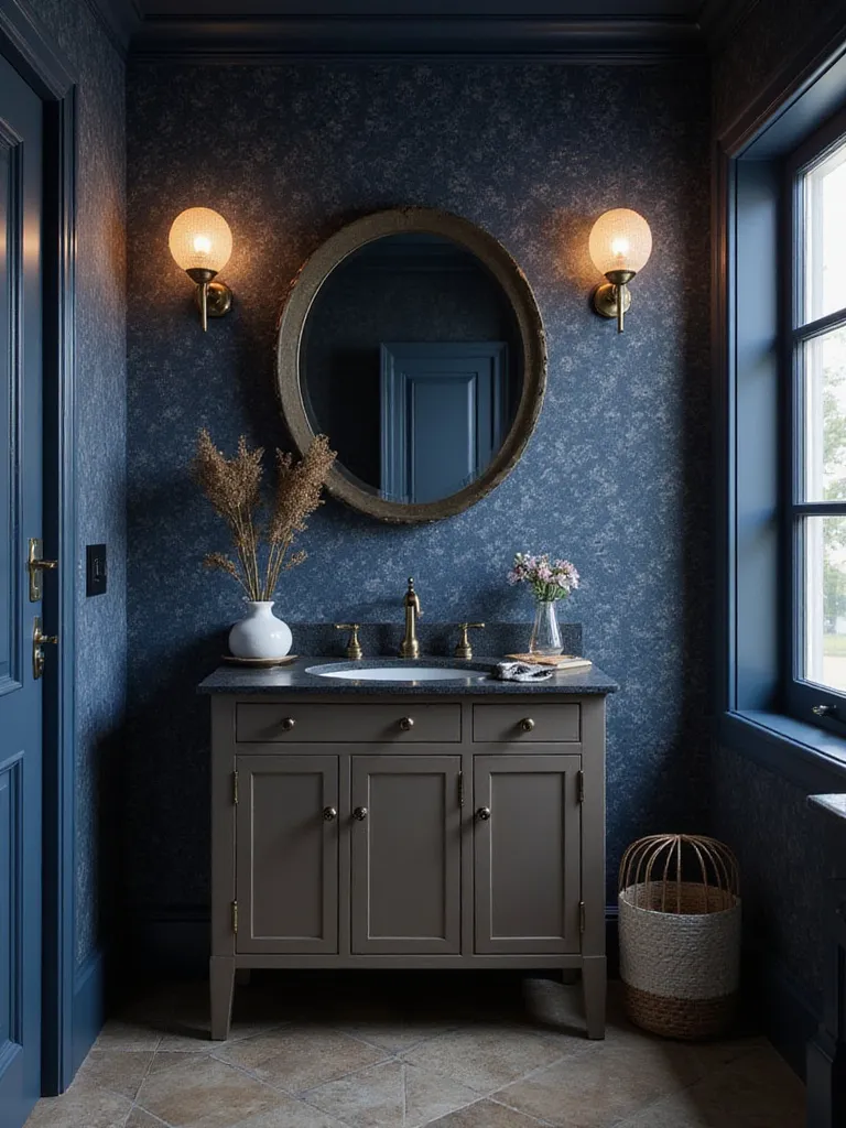 Luxurious bathroom with navy blue wallpaper and warm lighting