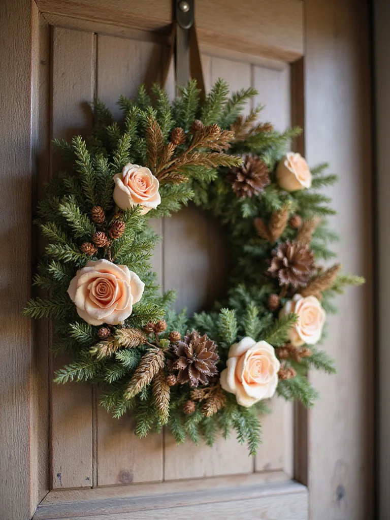 A budget-friendly DIY wreath hanging on a rustic wooden door, featuring vibrant faux flowers and greenery.