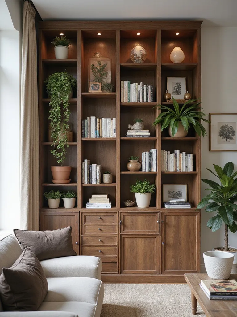 A tall shelving unit in a stylish living room, filled with books and decor