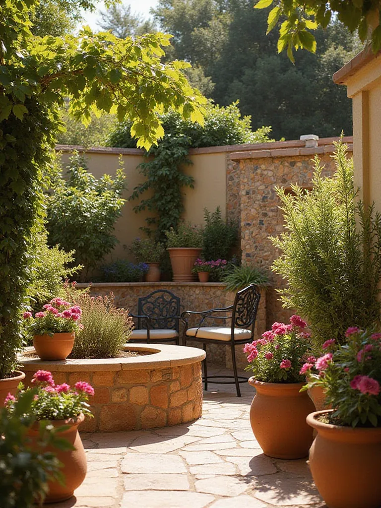 Mediterranean themed garden with terracotta pots and vibrant flowers