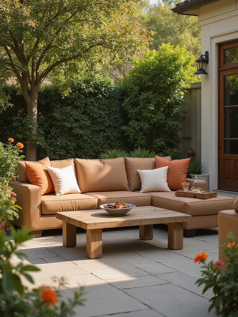 Comfortable seating arrangement on a patio with cushions and greenery