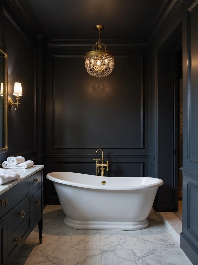 Luxurious bathroom with dark and moody palette featuring charcoal walls, brass fixtures, and a freestanding bathtub.