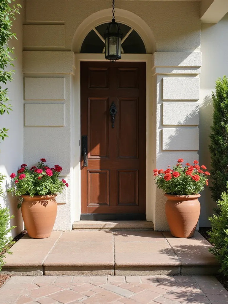 Beautiful front entrance with symmetrical planters