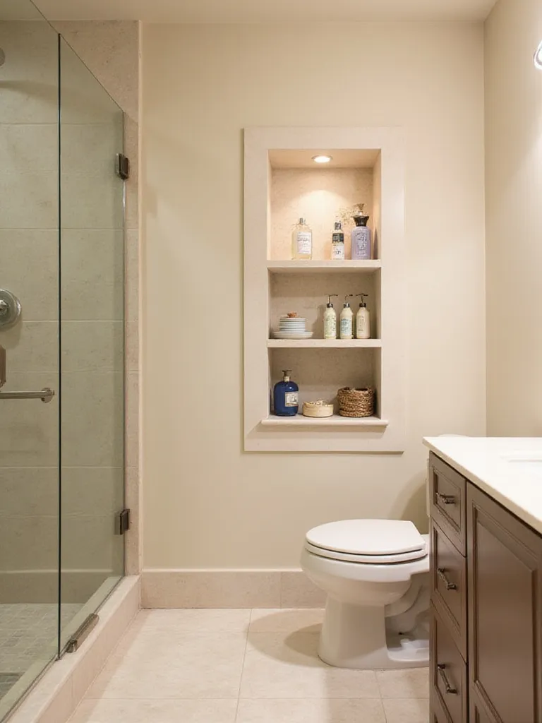 A modern bathroom featuring a recessed niche for seamless storage with neatly arranged toiletries.