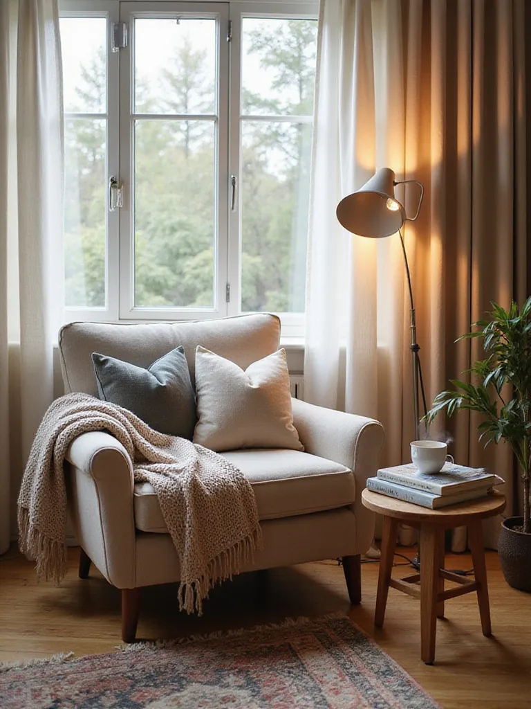 Cozy reading nook in a bedroom with plush armchair and natural light