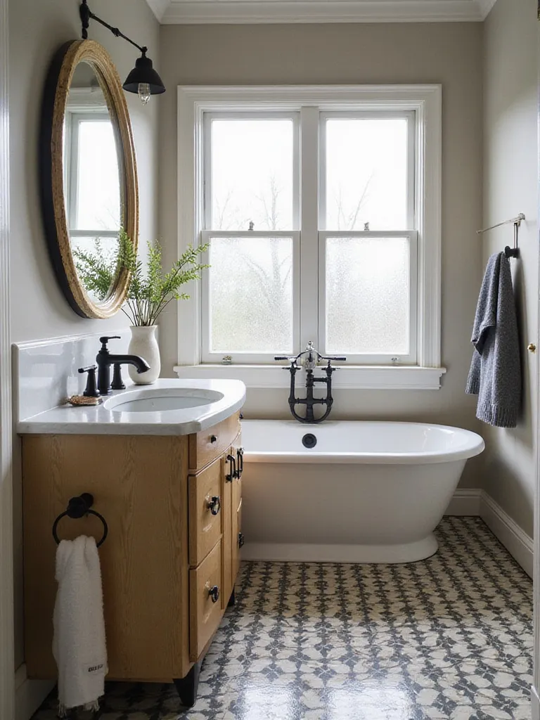 Eclectic bathroom decor featuring vintage and modern elements