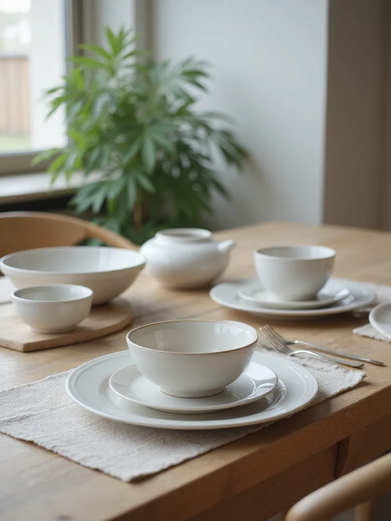 Elegant arrangement of simple ceramic dishware on a Scandinavian dining table.