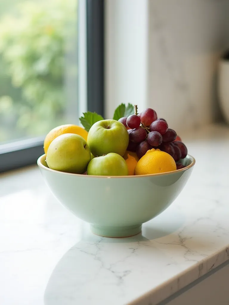 A vibrant fruit bowl on a kitchen island filled with colorful fruits
