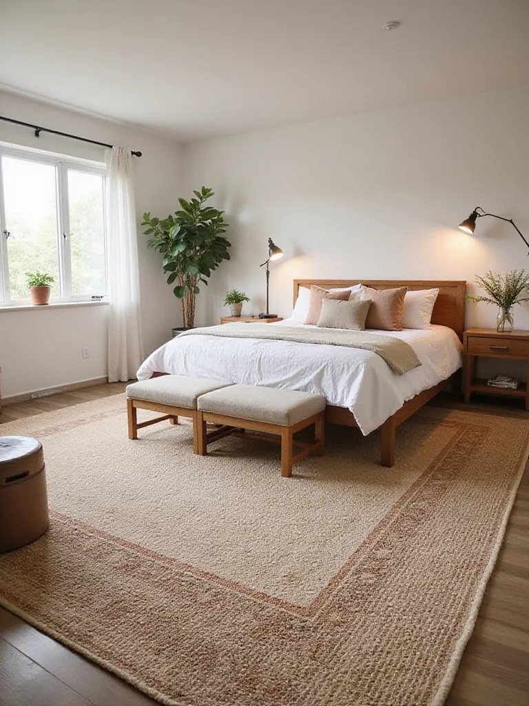 Stylish area rug defining sleeping zone in a modern apartment bedroom