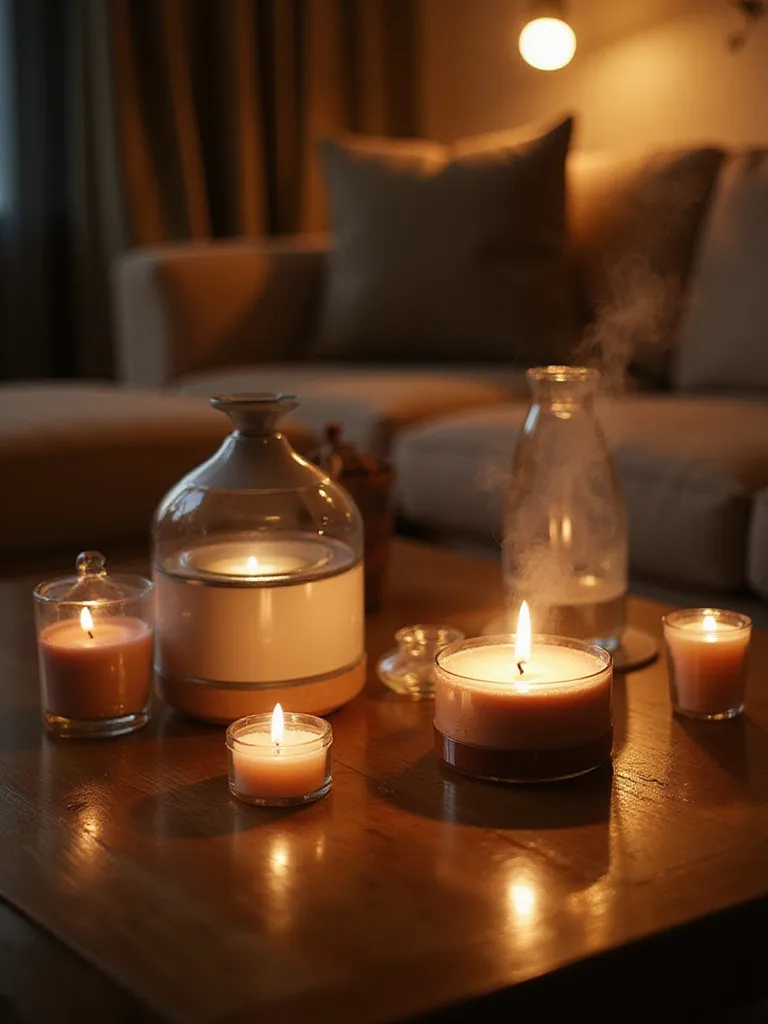 Elegant coffee table with scented candles and a stylish diffuser, warm lighting