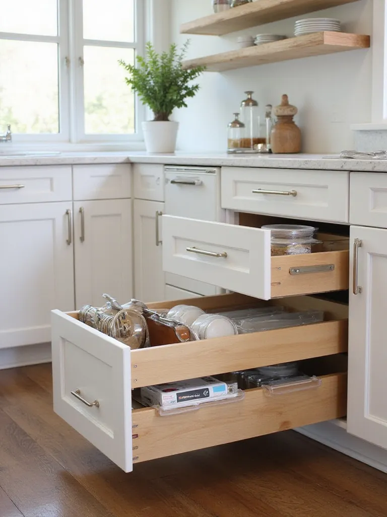 Modern kitchen design featuring efficient base cabinets with full-extension drawers and pull-out storage solutions.
