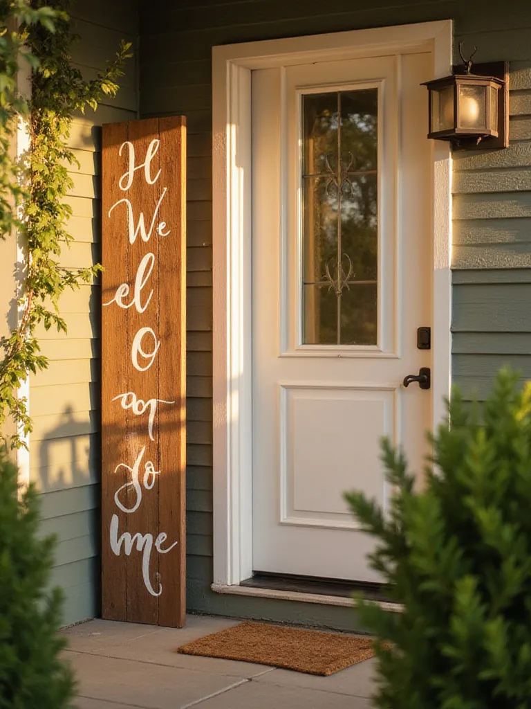 A custom vertical welcome sign beside a front door, showcasing an inviting and personalized entryway.