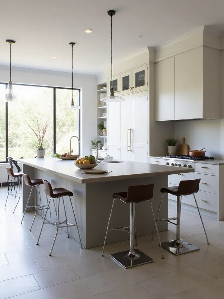 Modern kitchen with a multifunctional kitchen island designed for prep and dining.
