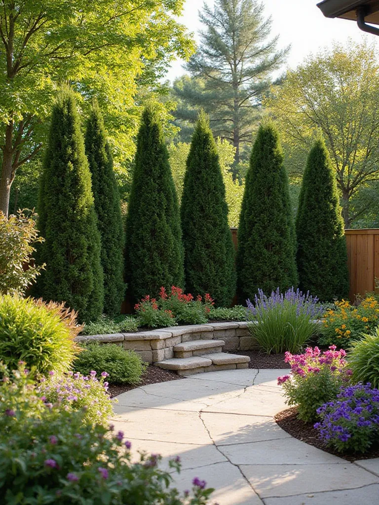 Beautiful outdoor patio with lush plant-based privacy screens, showcasing various layers of greenery.