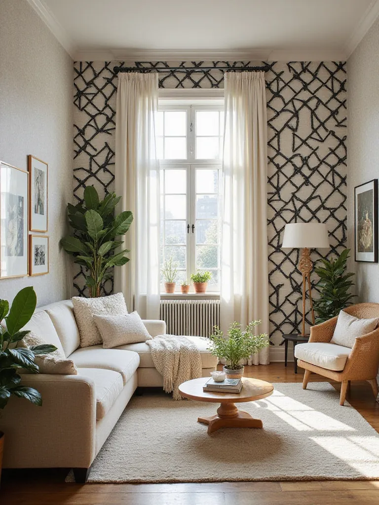 Living room with bold geometric temporary wallpaper accent wall