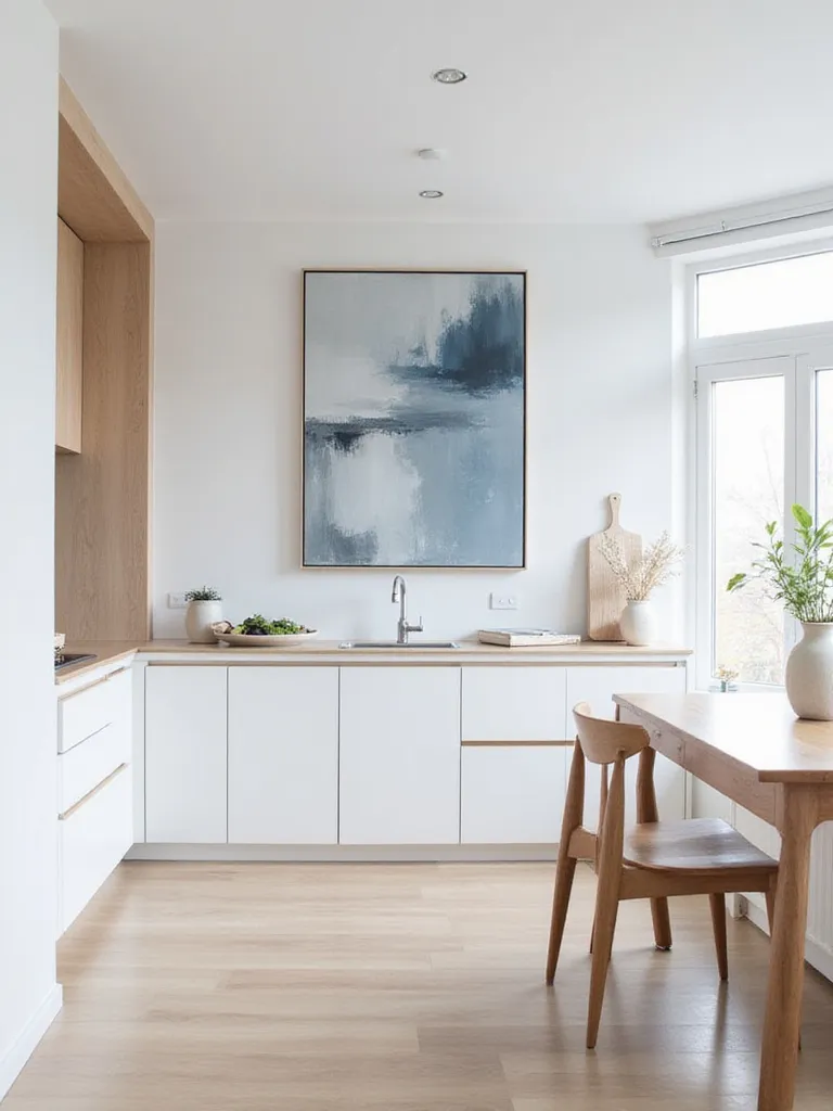 Bright Scandinavian kitchen featuring an abstract art print above a dining table.