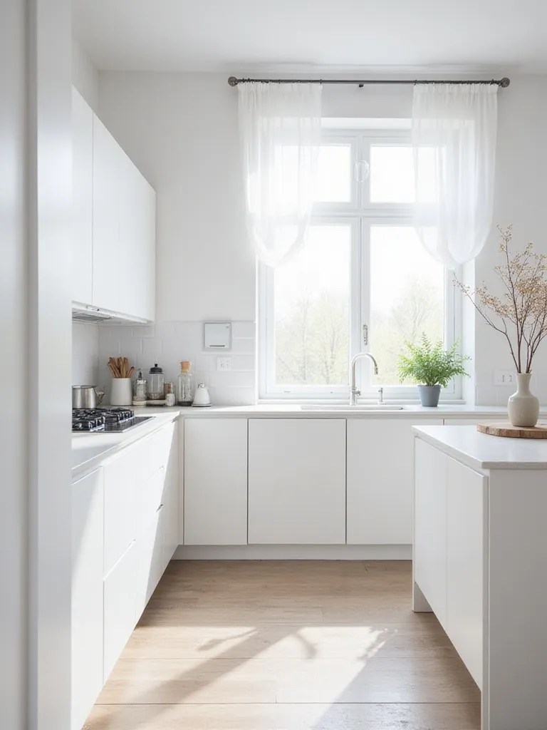 Modern Scandinavian kitchen with crisp white cabinetry and natural light