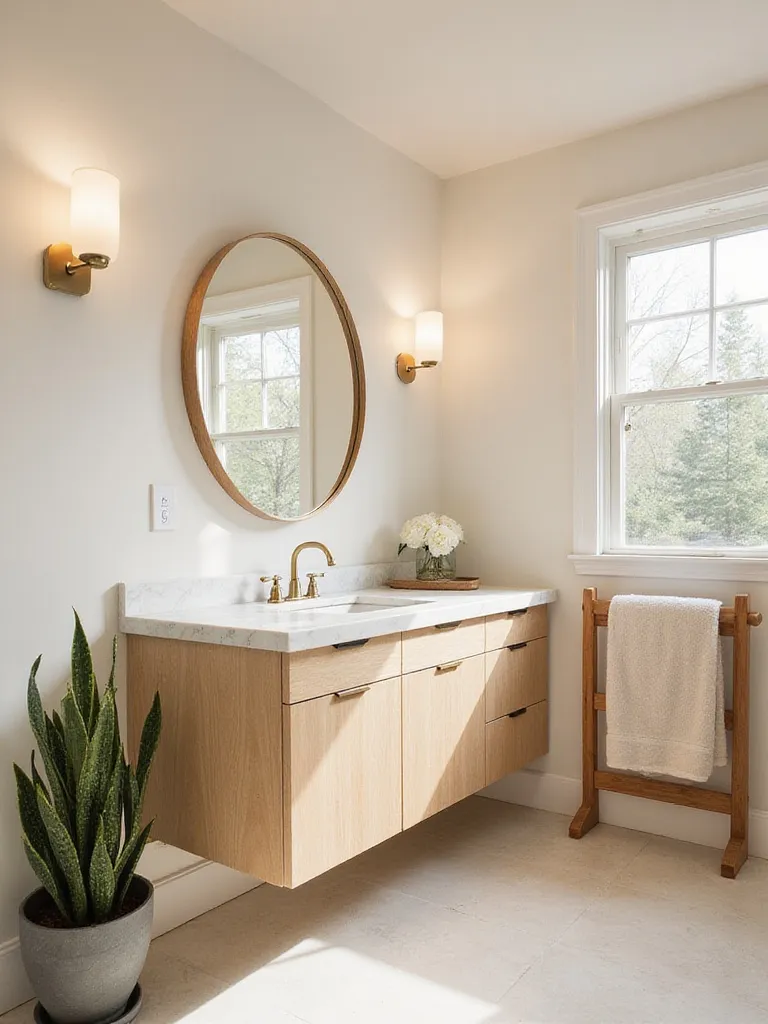 Cozy Scandinavian bathroom design featuring a light birch floating vanity and warm lighting