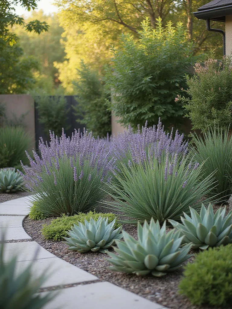 A vibrant patio garden featuring various drought-tolerant plants like Lavender and Agave, showcasing a sustainable outdoor space.
