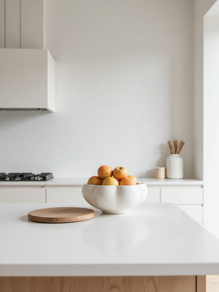 Minimalist kitchen island with clean lines and serene decor