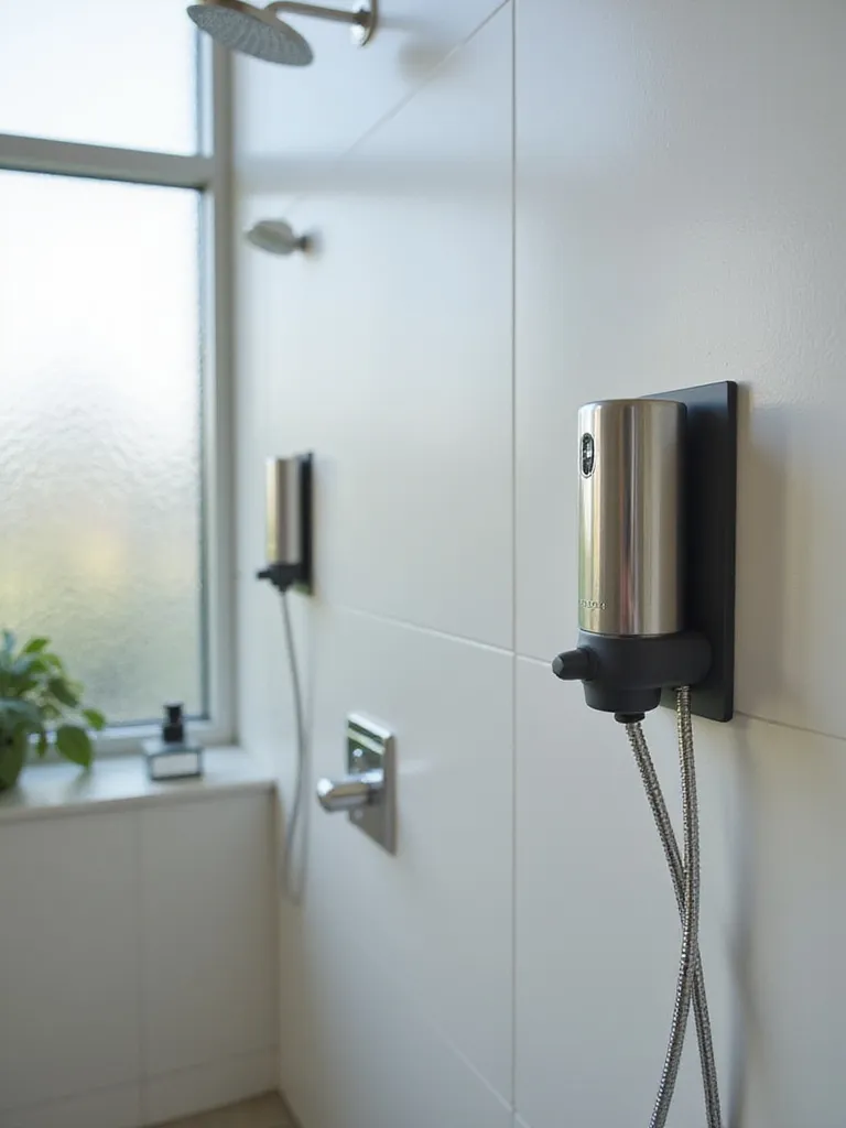 Modern bathroom shower with wall-mounted soap dispensers, showcasing a clutter-free space.