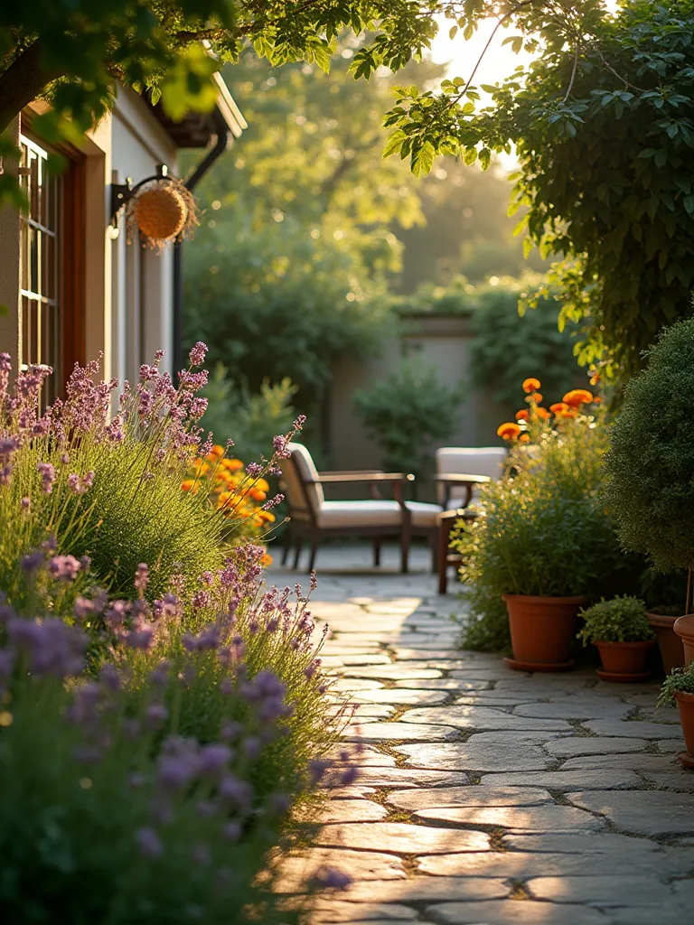 Lush patio garden with fragrant blooms like lavender and jasmine in warm sunlight.